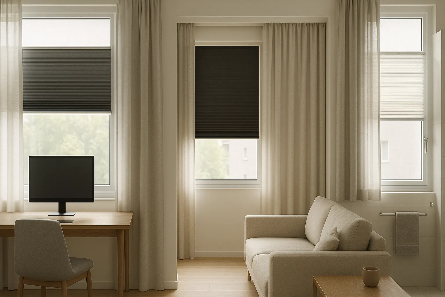 Licht- und Sichtschutz im Duo: Plissee und Gardine perfekt abgestimmt für verschiedene Räume Licht- und Sichtschutz im Duo mit Plissee und Gardine für Homeoffice, Schlafzimmer, Wohnraum und Bad