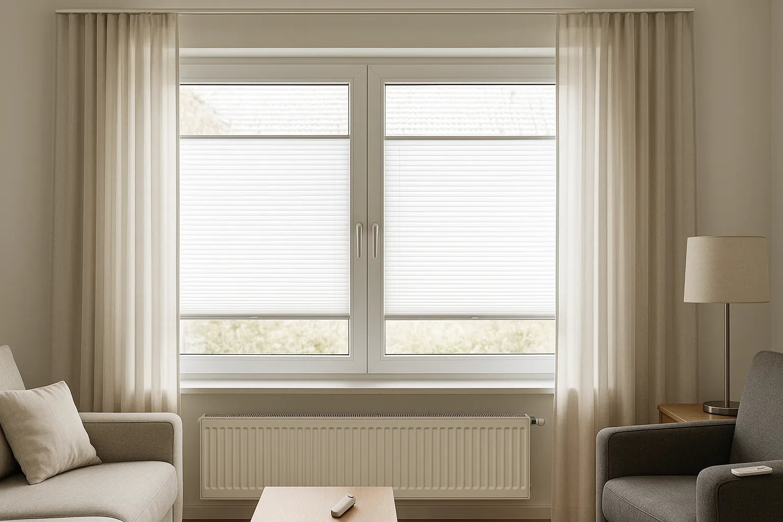 Licht- und Sichtschutz im Duo: Plissee im Falz und Gardine raumseitig koordiniert montiert Plissee im Fensterfalz mit symmetrischen Führungsschienen und raumseitiger Gardine an deckennaher Schiene, beidseitiger Überstand 10–20 cm, freier Lauf an Fenstergriffen, ausreichender Heizkörperabstand, kindersichere Bedienung und unabhängige Steuerung für Licht- und Sichtschutz