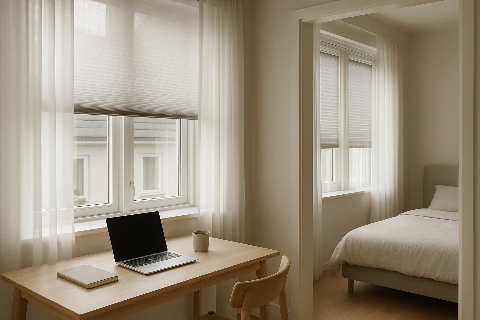 Licht- und Sichtschutz im Duo mit Plissee und Gardine – Transparenzstufen von Voile bis Blackout optimal kombinieren Plissee und Gardine als Duo für Licht- und Sichtschutz mit Dimout im Homeoffice und Blackout im Schlafzimmer, Voile für weiche Lichtstreuung, neutrales Farbkonzept, Tageslicht aus Süd- und Westfenstern