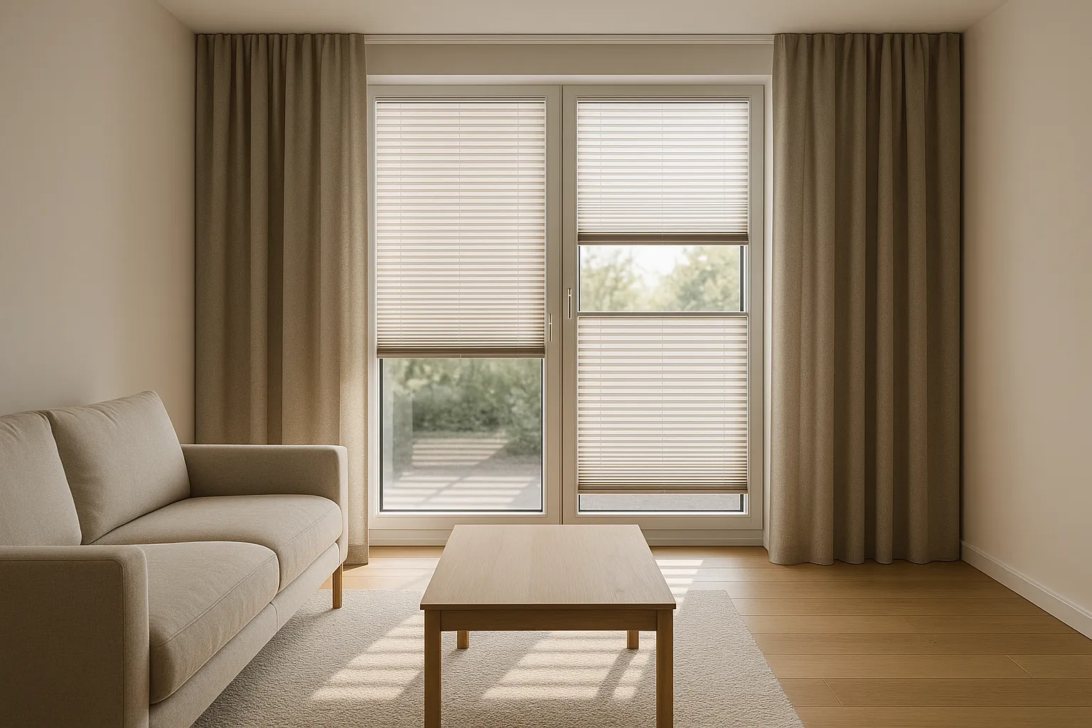 Licht- und Sichtschutz im Duo: Plissee und Gardinen für präzise Tageslichtsteuerung, akustische Ruhe und Privatsphäre Licht- und Sichtschutz mit Plissee und Gardinen im Wohnzimmer, präzise Tageslichtsteuerung, akustische Dämpfung, Privatsphäre, Fensterdekoration, Innenarchitektur, Top-Down-Bottom-Up, visuelle Ordnung, Wärme- und Blendschutz