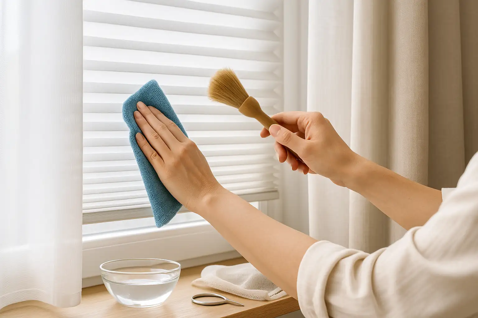 Pflege und Reinigung im Haushalt – sanfte Routinen für Wohnzimmer, Küche, Bad und Arbeitsräume Haushalt mit mehreren Räumen bei sanfter Pflege und Reinigung: Staubwischen im Wohnzimmer, feuchtes Abwischen am Küchen-Plissee, Kondenswasser im Bad entfernen, gepflegtes Arbeitszimmer, saisonale Hinweise mit blühenden Bäumen und Heizkörper für langanhaltende Frische