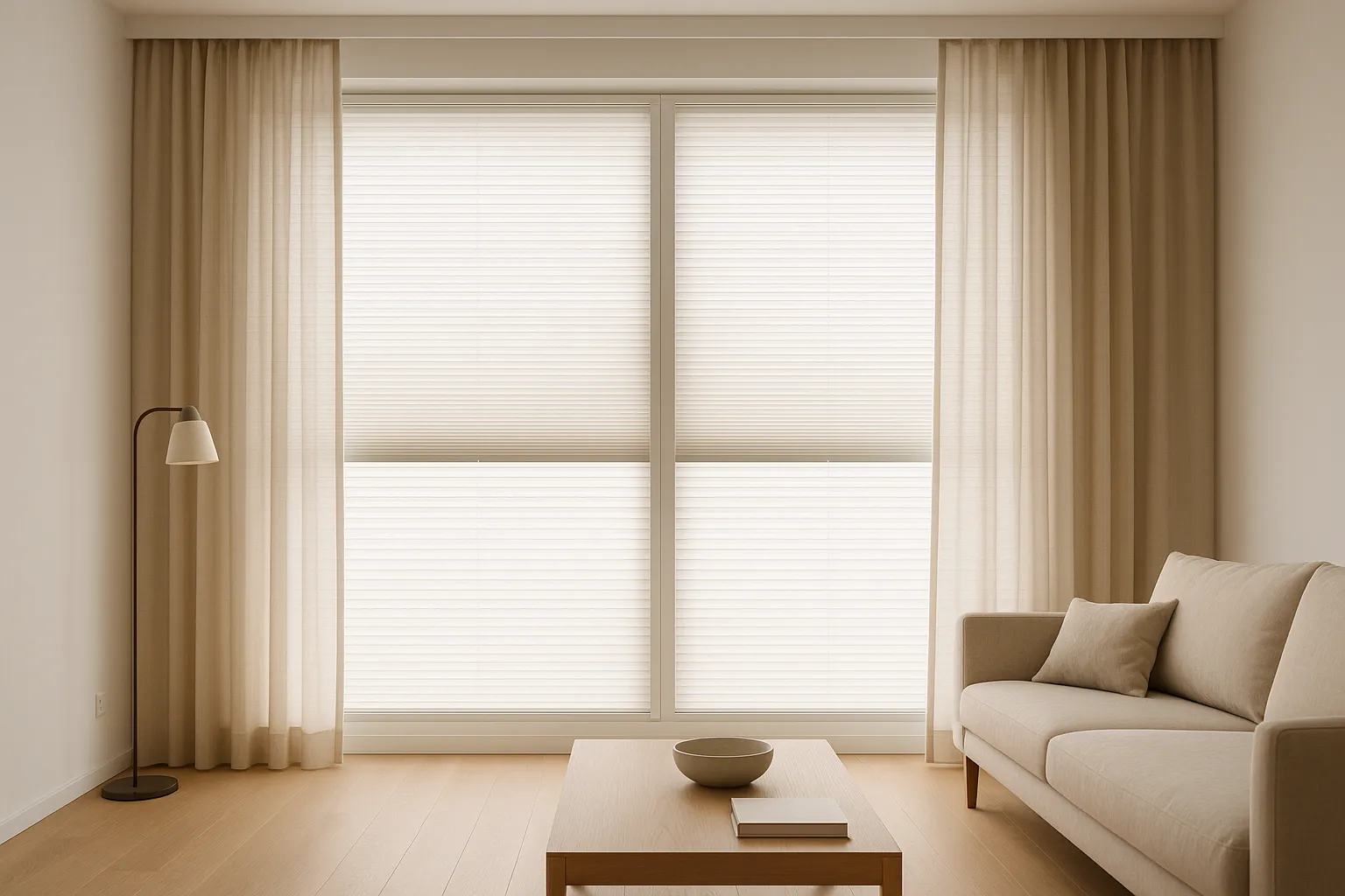 Plissees und Gardinen harmonisch kombinieren im Wohnzimmer, warm-neutrale Farbharmonie, semitransparente Gardinen, präzise Lichtsteuerung, Layering, Interior Design, Fensterdekoration, ruhiger Faltenwurf, natürliche Beleuchtung