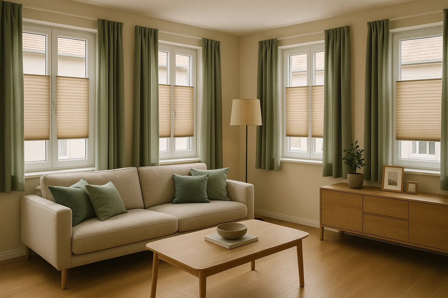 Zusammenspiel von Fenster, Möbeln und Licht: wiederkehrende Farben und Texturen für Kohärenz
