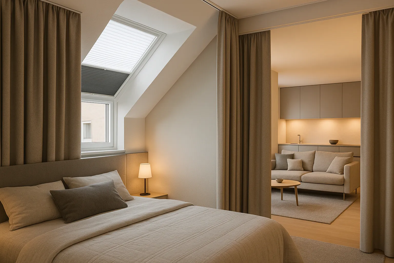 Schlafzimmer mit Day-Night-Plissee und abdunkelnder, schwerer Gardine
