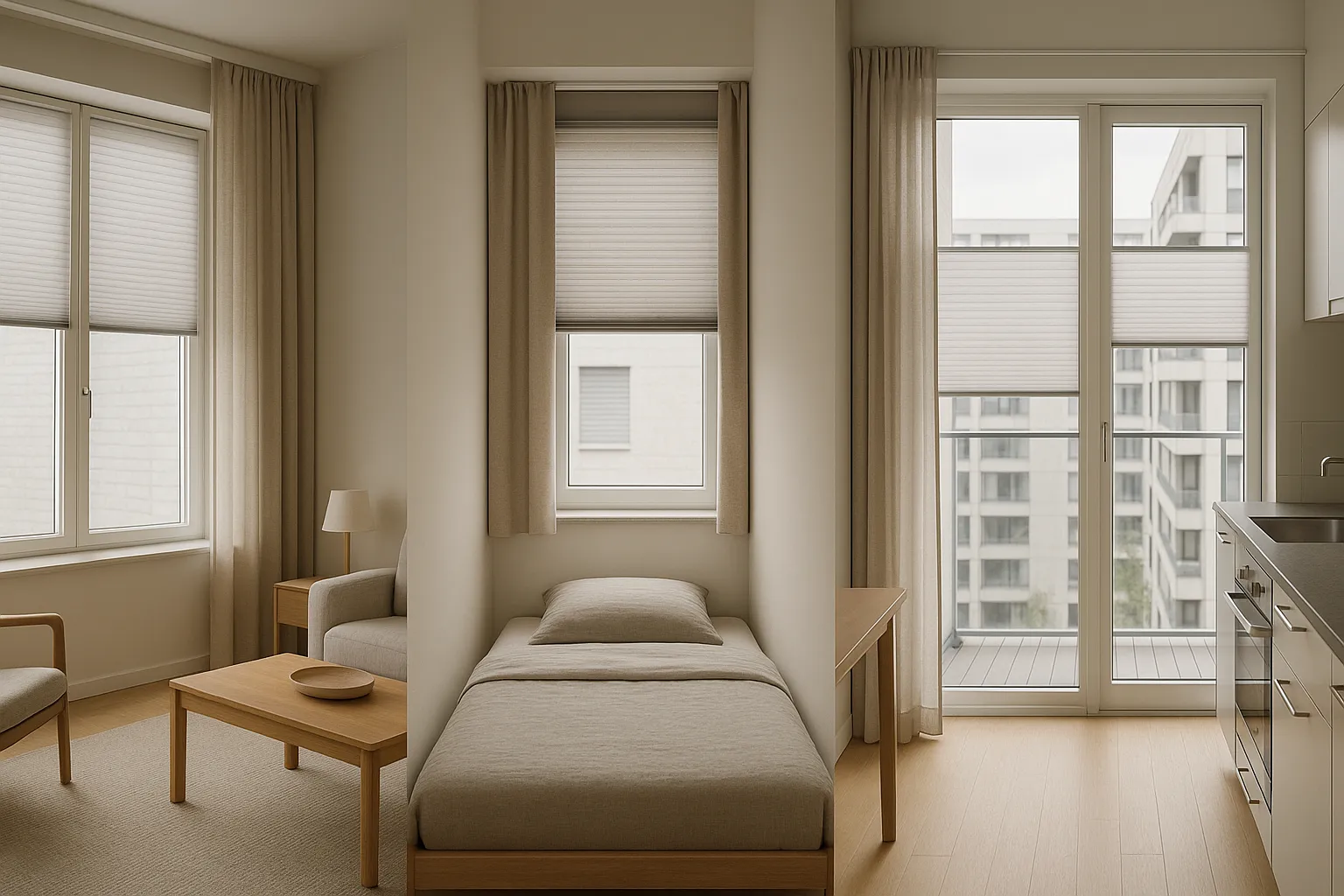 Loftküche mit großen Fensterflächen und dezenten Plissees